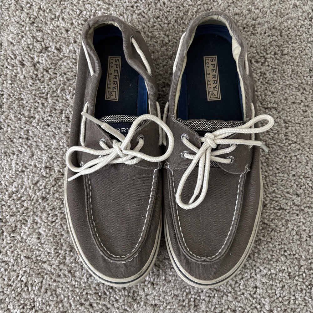 Sperry Gray Canvas Boat Shoes with White Laces